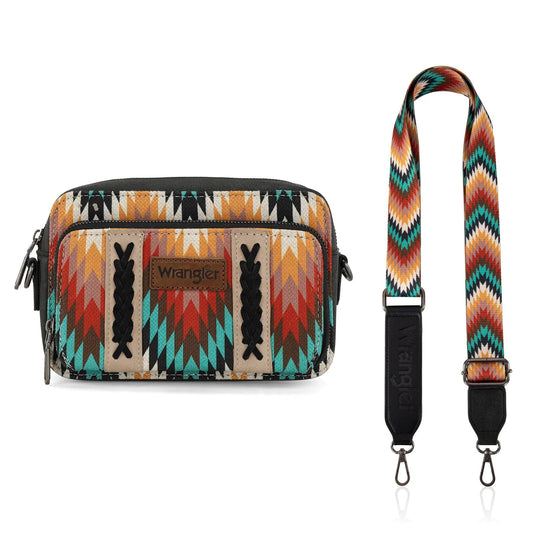 Wrangler Southwestern Pattern Dual Sided Print Crossbody Purse With Wallet Compartment