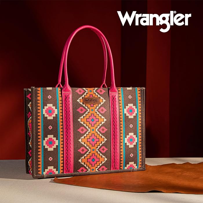 Wrangler Southwestern Pattern Dual Sided Print Canvas Wide Tote - Hot Pink