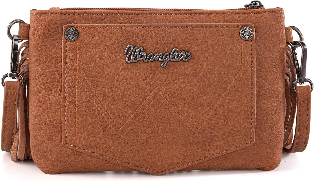 Wrangler Vintage Floral Tooled Collection Fringe Crossbody or Wristlet - Light Brown