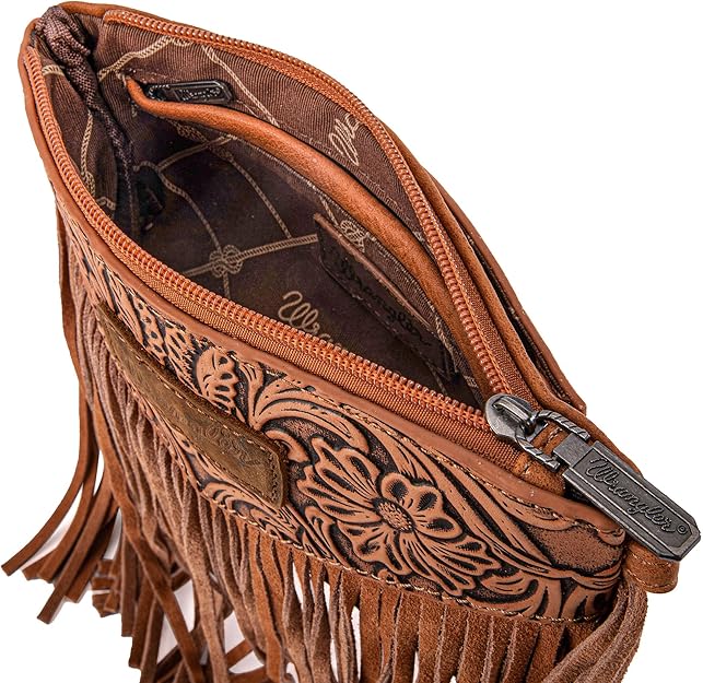 Wrangler Vintage Floral Tooled Collection Fringe Crossbody or Wristlet - Light Brown