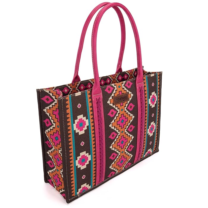 Wrangler Southwestern Pattern Dual Sided Print Canvas Wide Tote - Hot Pink