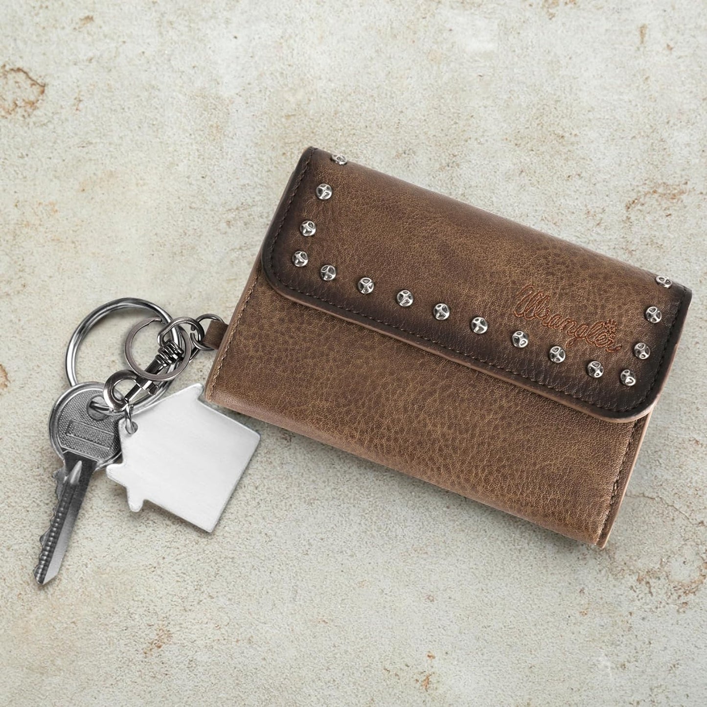 Wrangler Studded Accents Tri-fold Key-Chain Wallet -Coffee