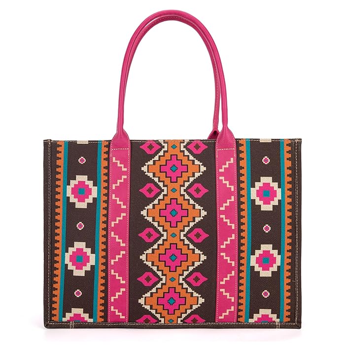 Wrangler Southwestern Pattern Dual Sided Print Canvas Wide Tote - Hot Pink