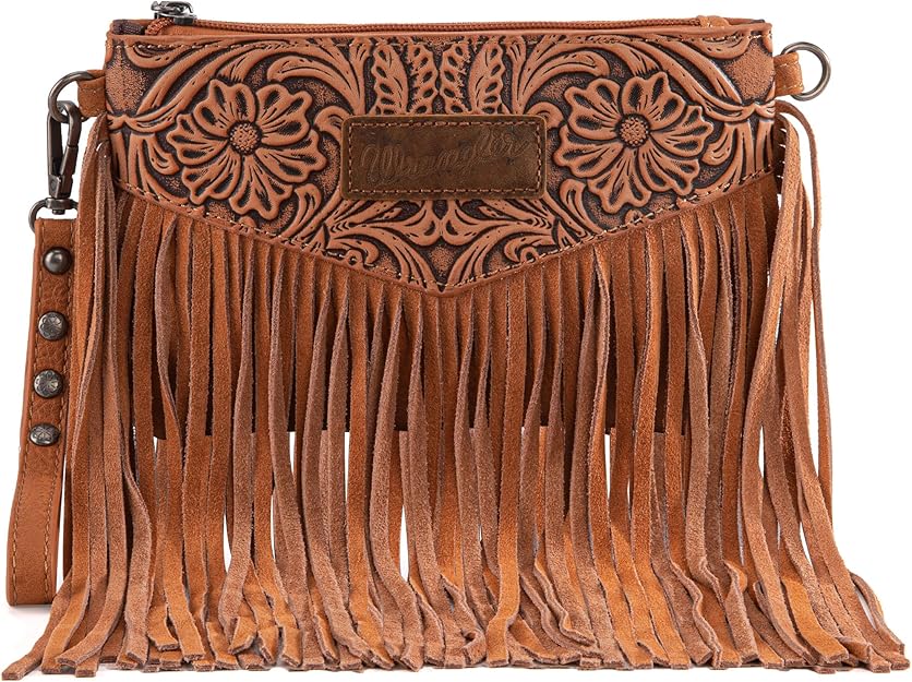 Wrangler Vintage Floral Tooled Collection Fringe Crossbody or Wristlet - Light Brown