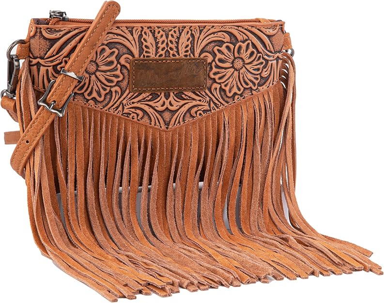 Wrangler Vintage Floral Tooled Collection Fringe Crossbody or Wristlet - Light Brown