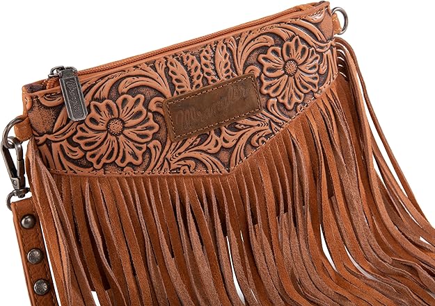 Wrangler Vintage Floral Tooled Collection Fringe Crossbody or Wristlet - Light Brown