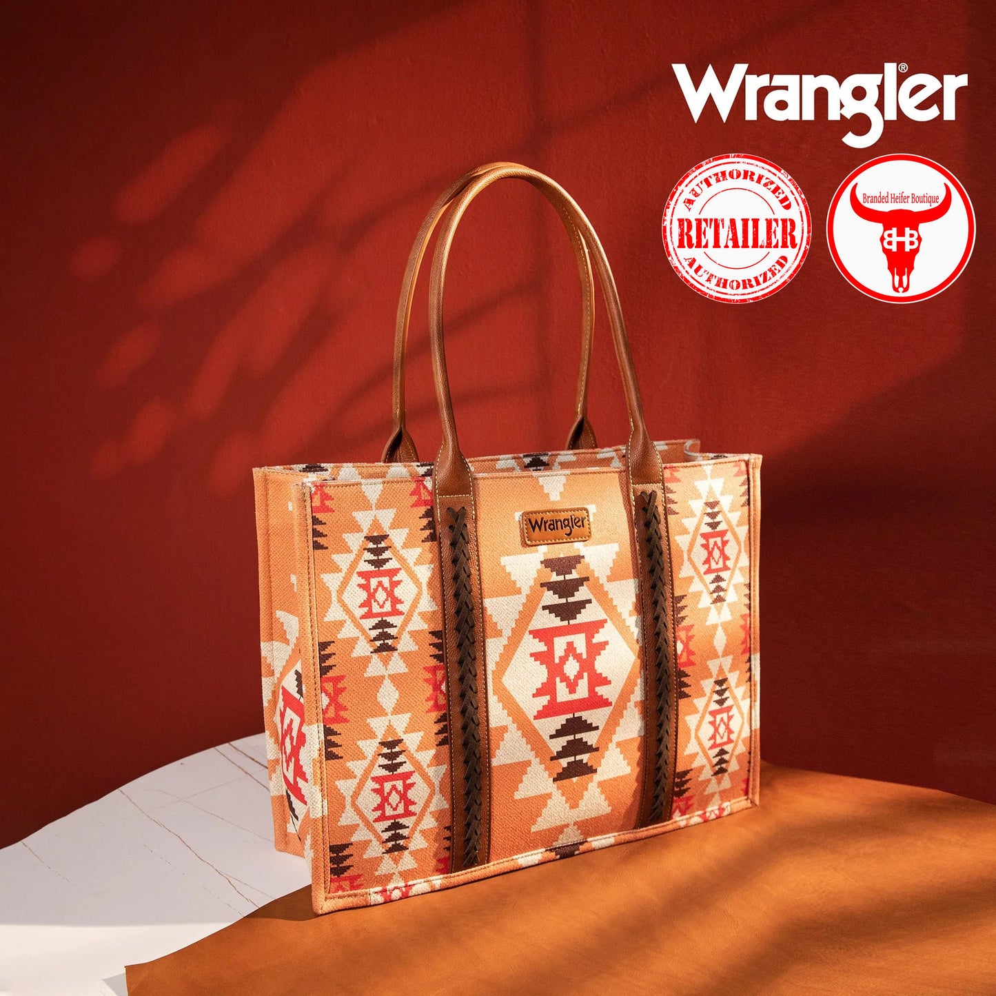 Wrangler Southwestern Pattern Dual Sided Print Canvas Wide Tote - Orange / Peach