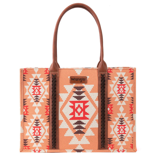 Wrangler Southwestern Pattern Dual Sided Print Canvas Wide Tote - Orange / Peach