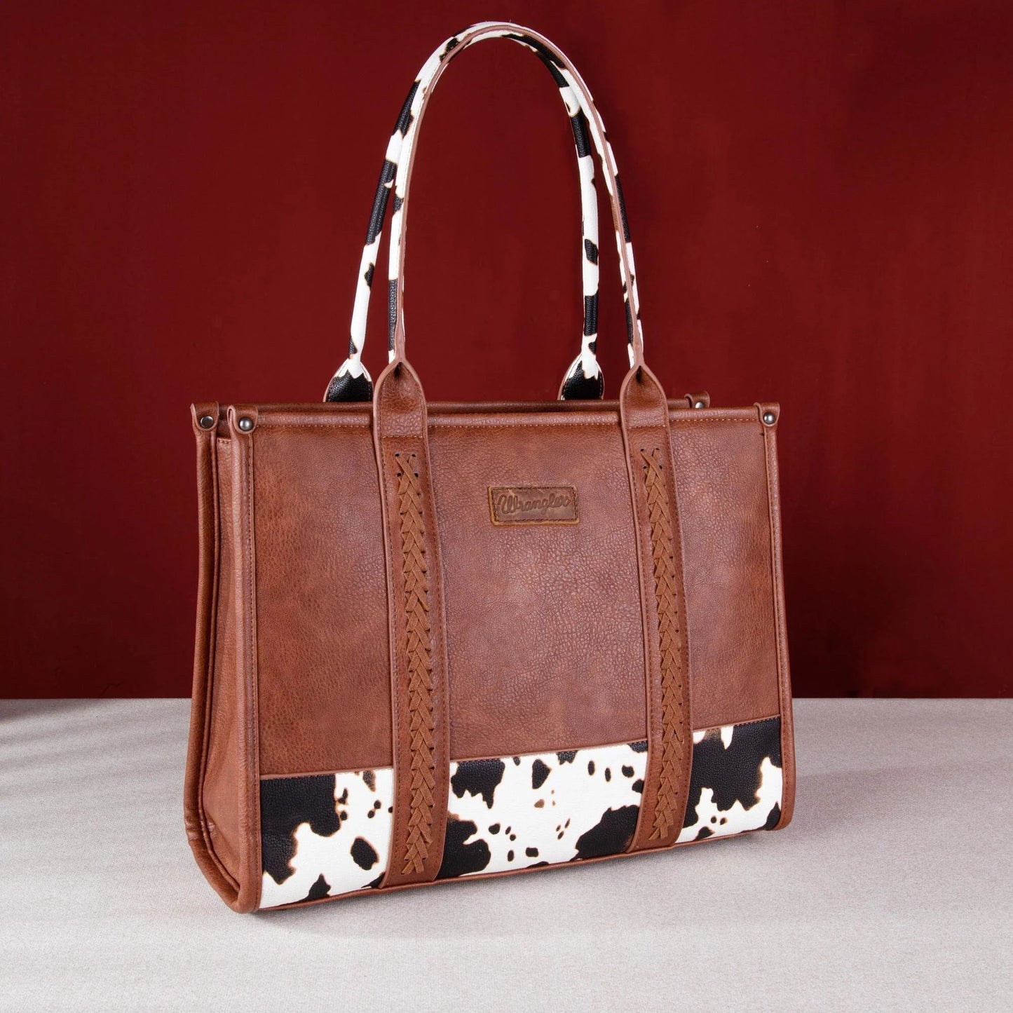 Wrangler Cow Print Whipstitch Patchwork Wide Tote