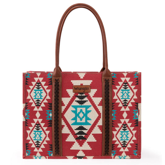 Wrangler Southwestern Pattern Dual Sided Print Canvas Wide Tote - Burgundy