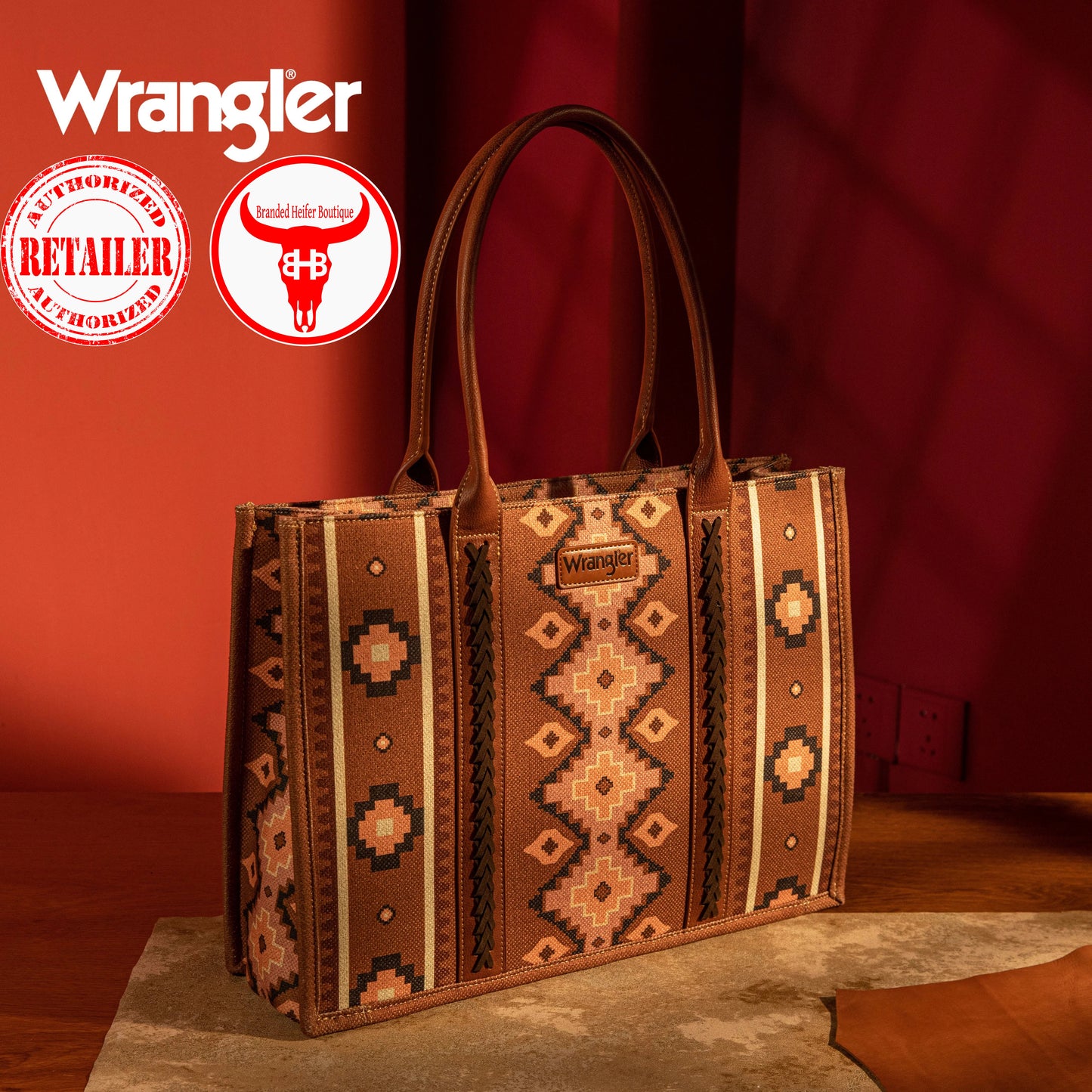 Wrangler Southwestern Pattern Dual Sided Print Canvas Wide Tote - Dark Brown