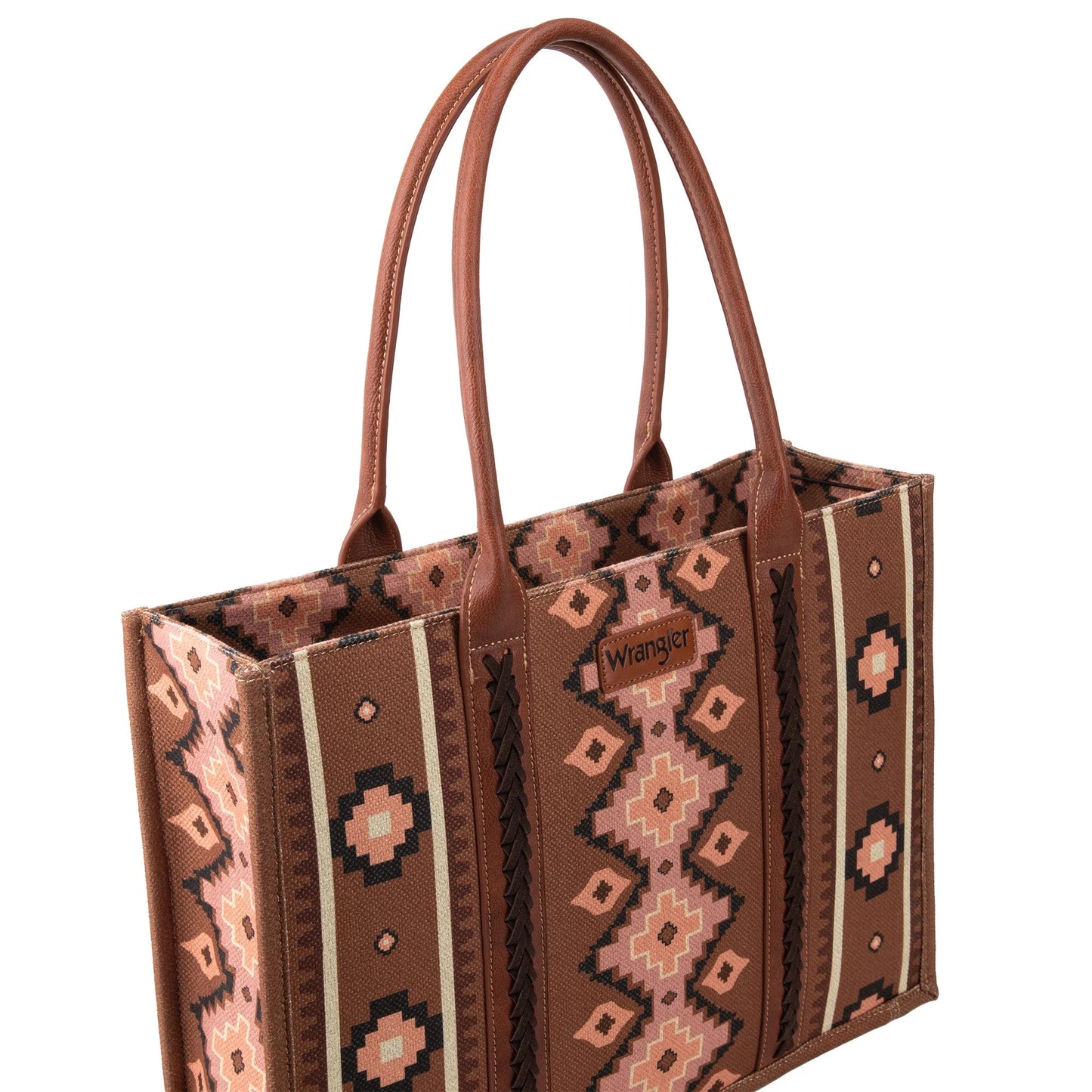 Wrangler Southwestern Pattern Dual Sided Print Canvas Wide Tote - Dark Brown