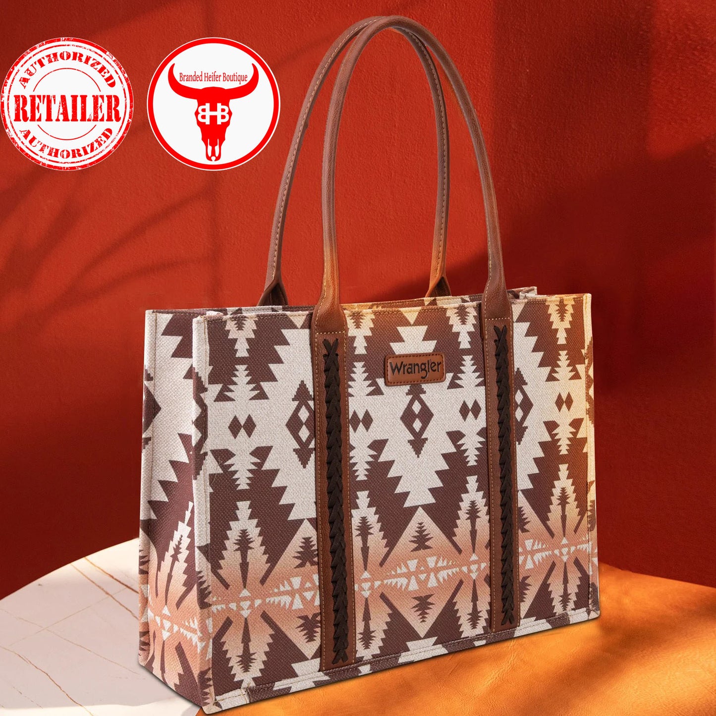 Wrangler Southwestern Pattern Dual Sided Print Canvas Wide Tote - Light Coffee