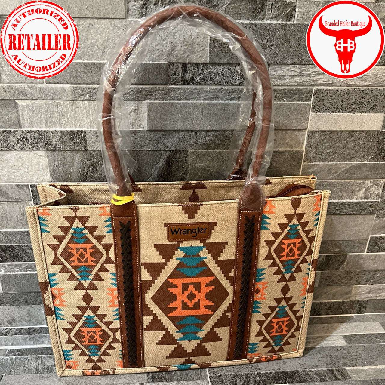 Wrangler Southwestern Pattern Dual Sided Print Canvas Wide Tote - Tan