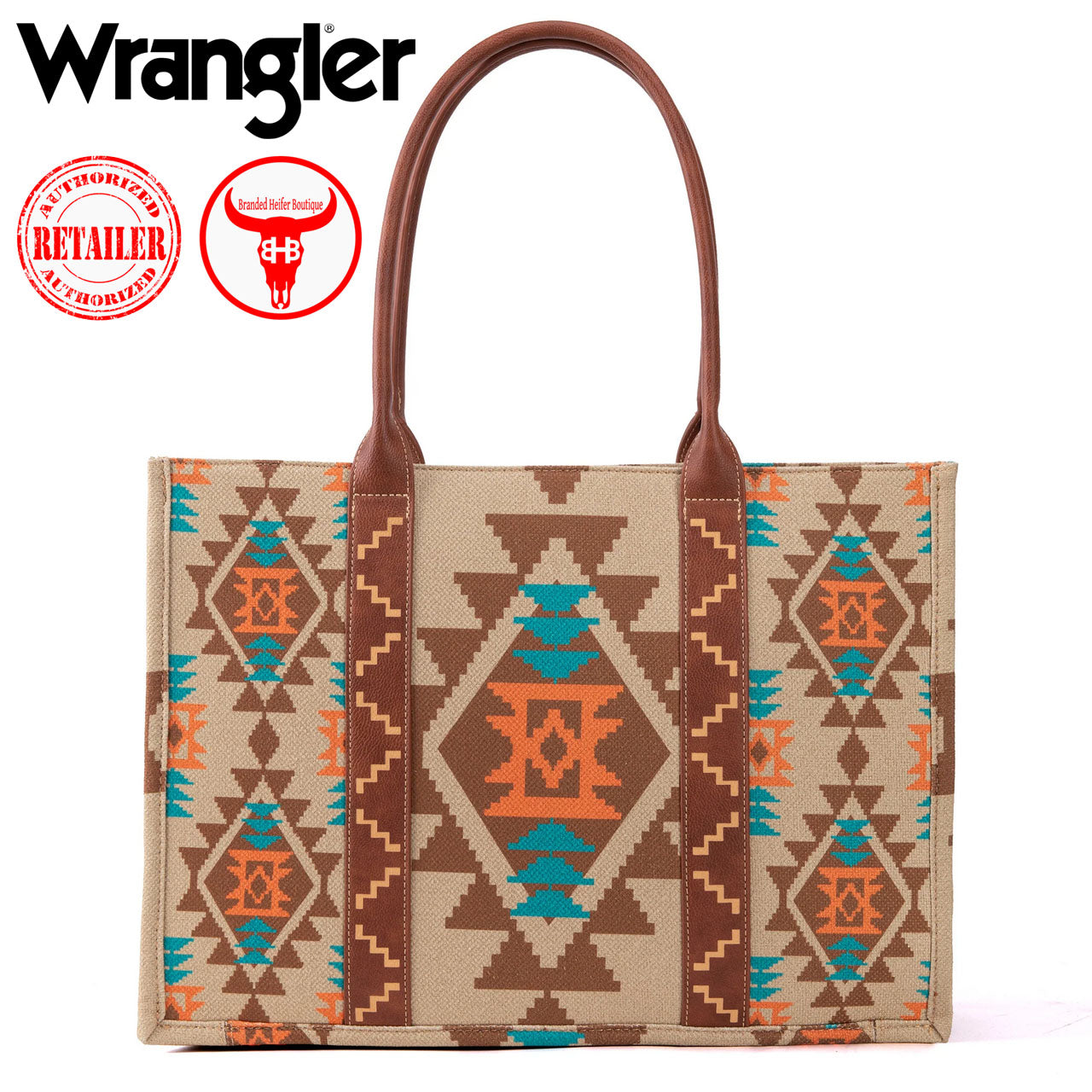 Wrangler Southwestern Pattern Dual Sided Print Canvas Wide Tote - Tan