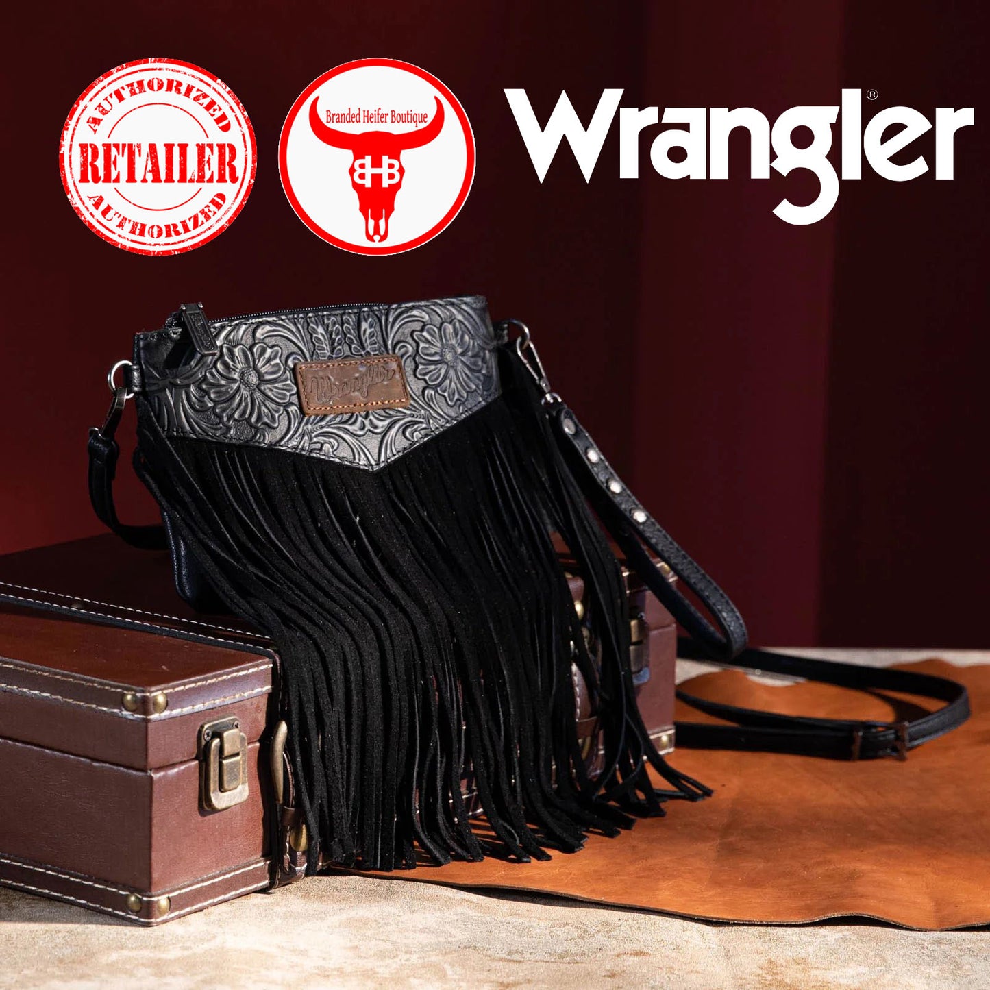 Wrangler Vintage Floral Tooled Collection Fringe Crossbody or Wristlet - Black