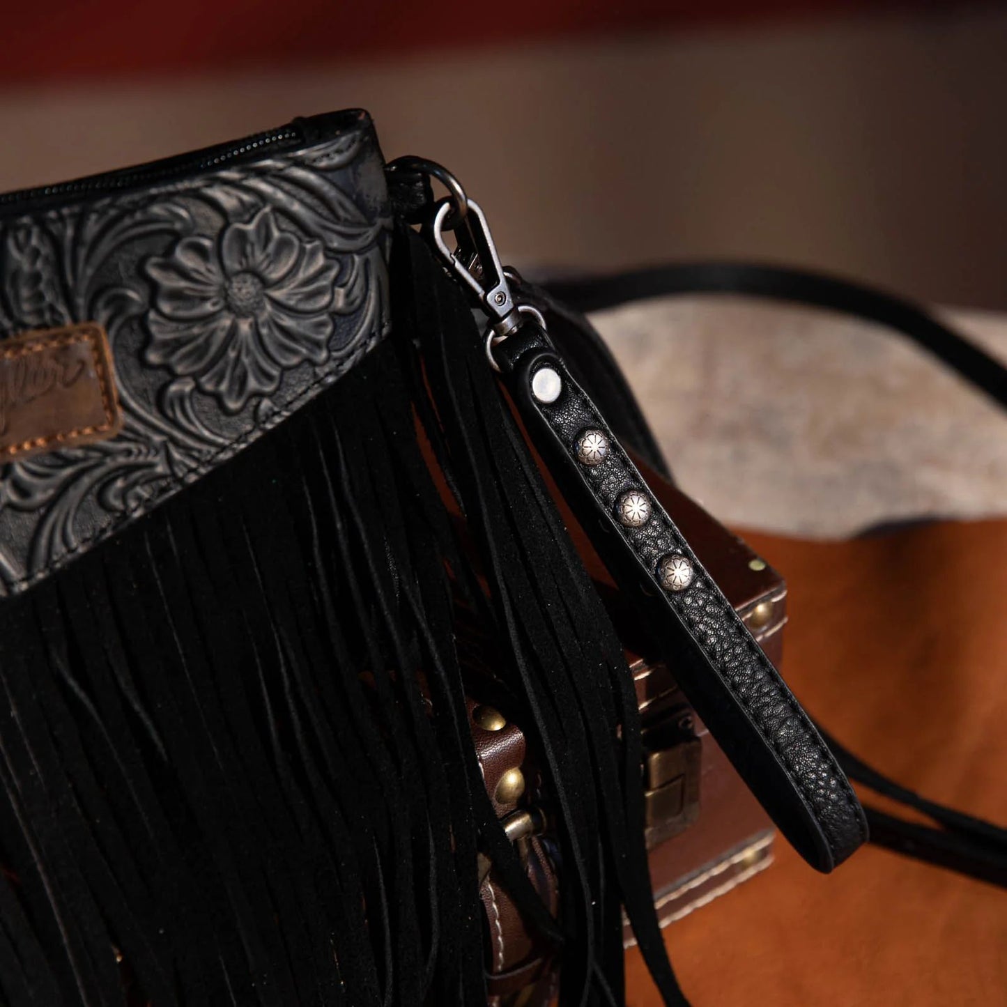 Wrangler Vintage Floral Tooled Collection Fringe Crossbody or Wristlet - Black