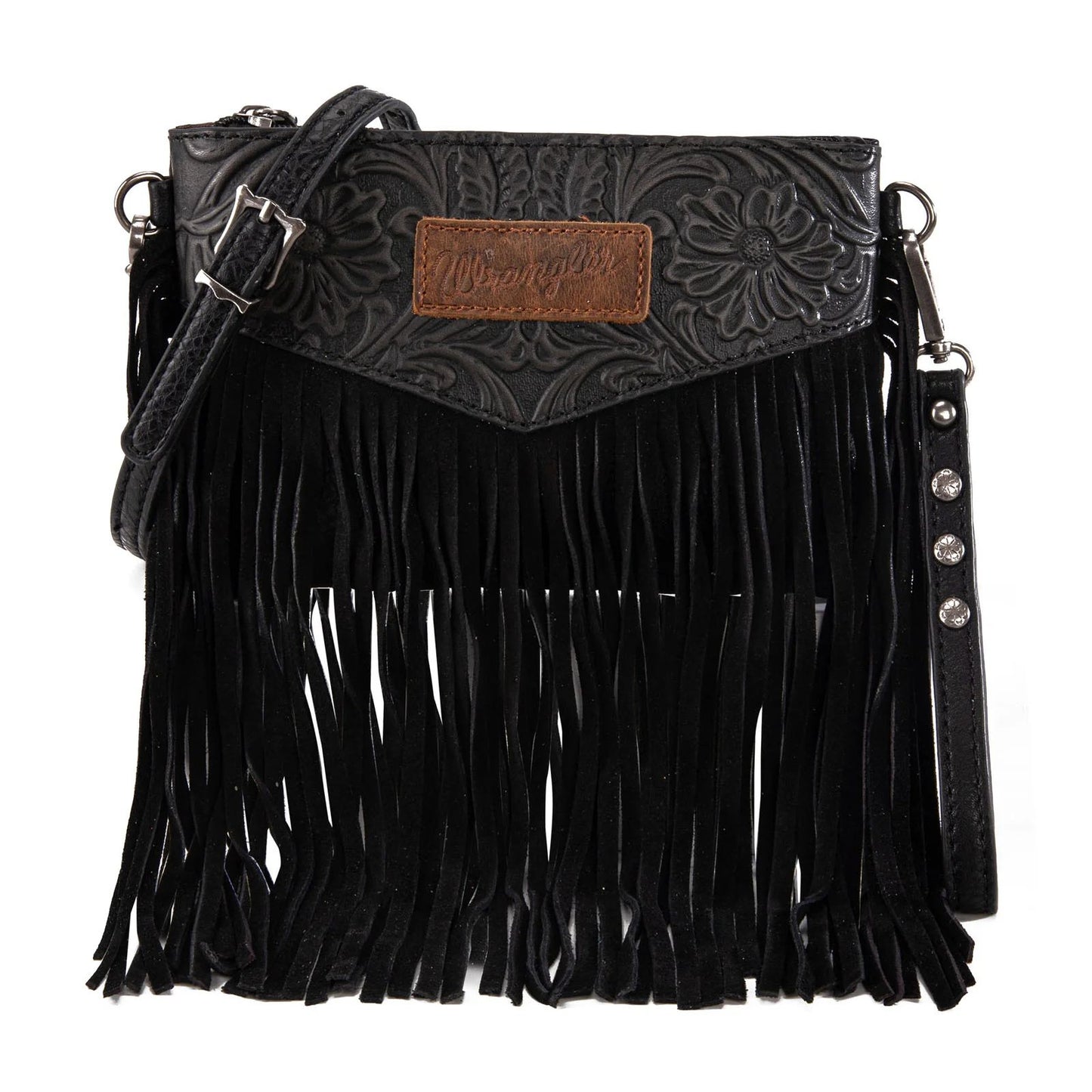 Wrangler Vintage Floral Tooled Collection Fringe Crossbody or Wristlet - Black