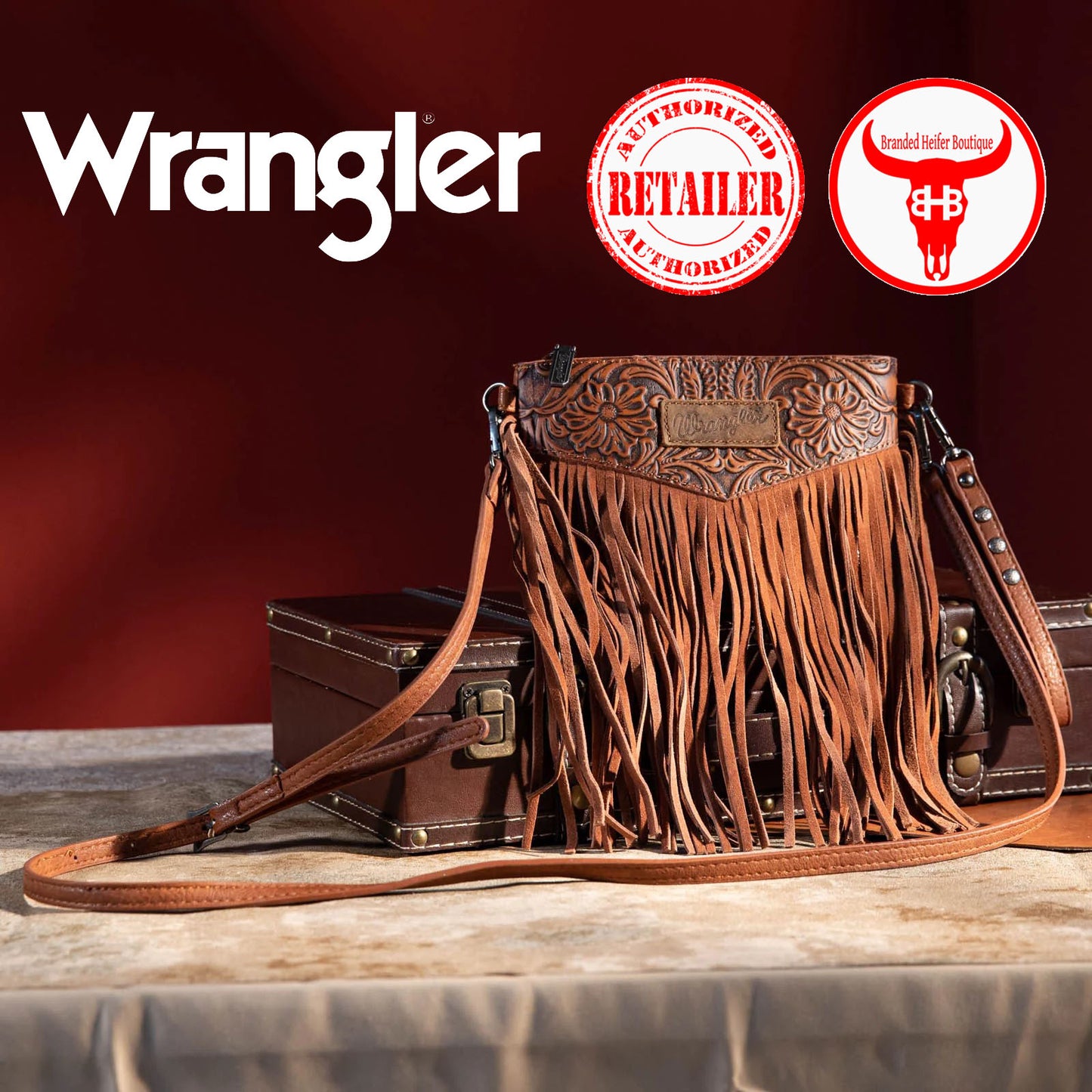 Wrangler Vintage Floral Tooled Collection Fringe Crossbody or Wristlet - OakWood