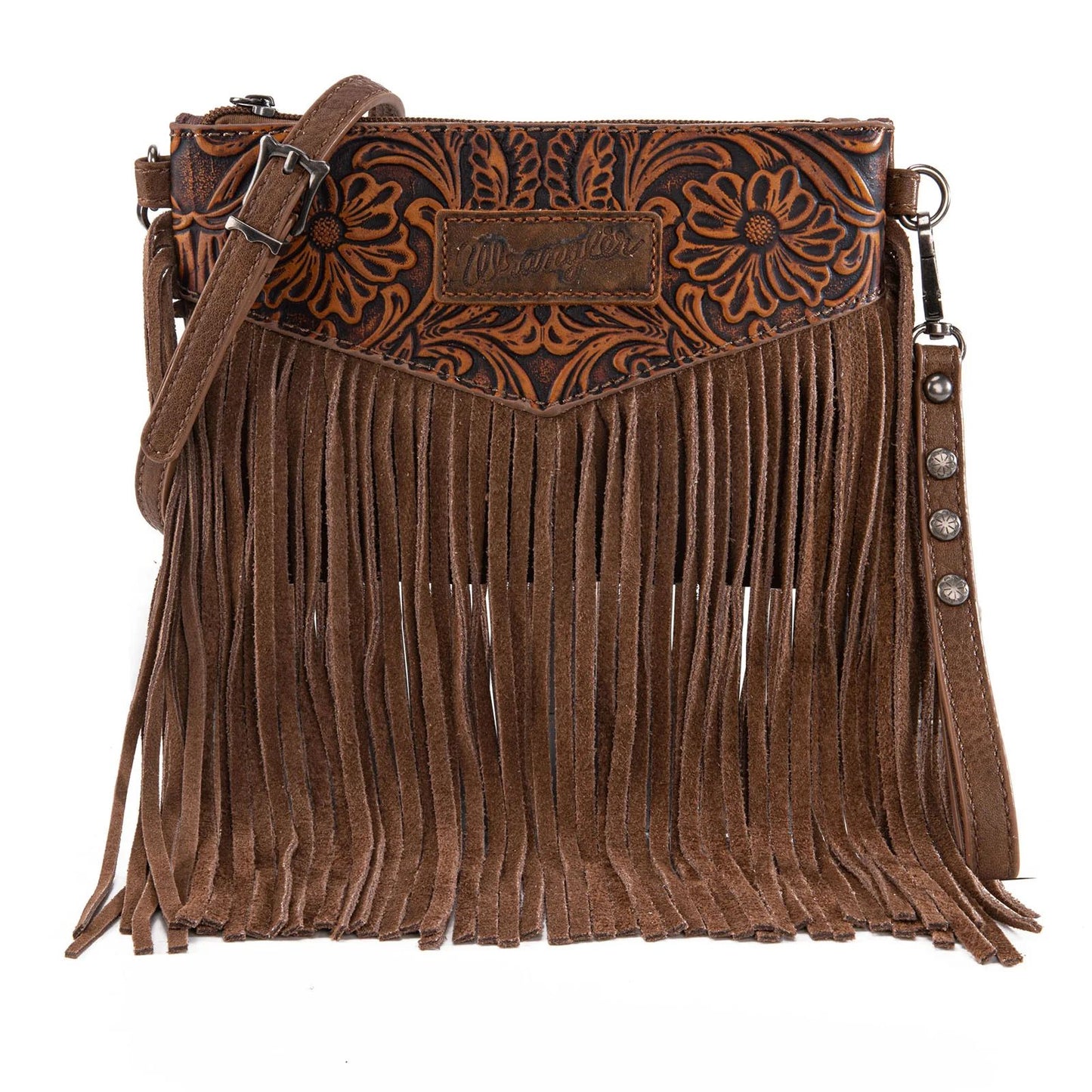 Wrangler Vintage Floral Tooled Collection Fringe Crossbody or Wristlet - OakWood