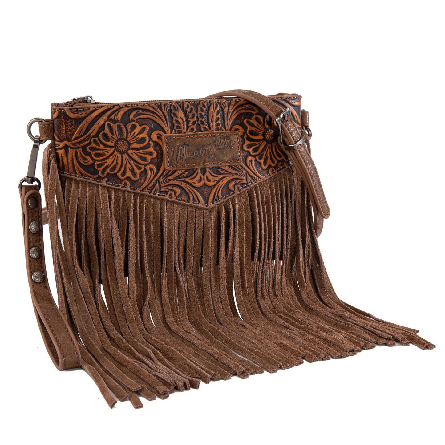 Wrangler Vintage Floral Tooled Collection Fringe Crossbody or Wristlet - OakWood