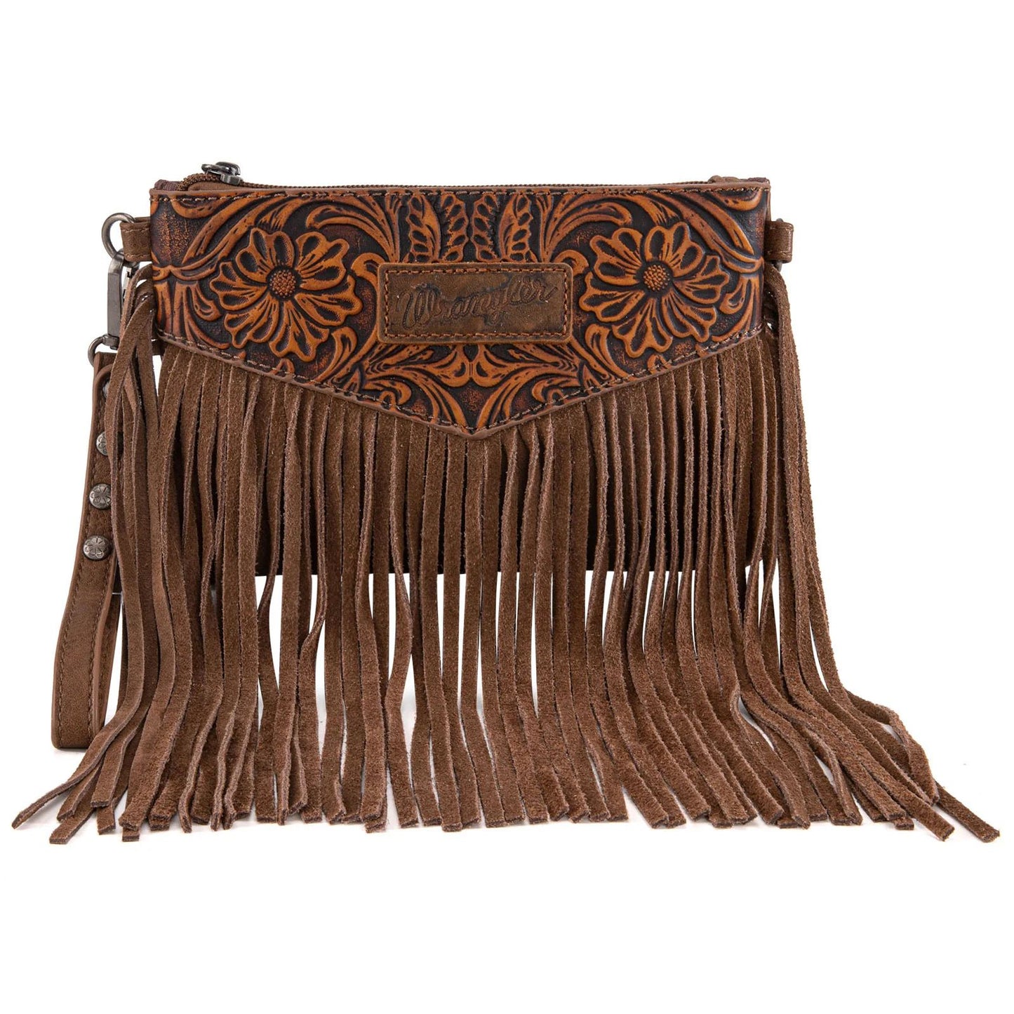 Wrangler Vintage Floral Tooled Collection Fringe Crossbody or Wristlet - OakWood