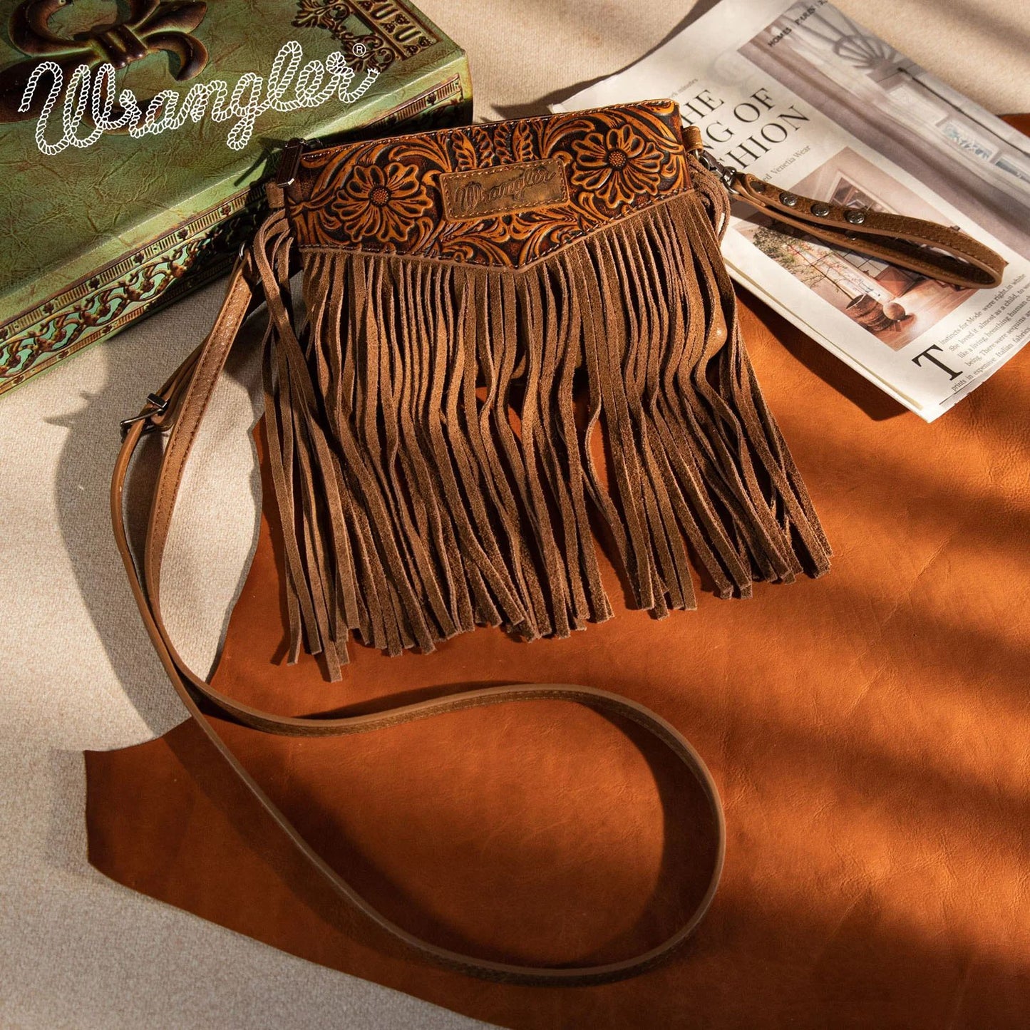 Wrangler Vintage Floral Tooled Collection Fringe Crossbody or Wristlet - OakWood