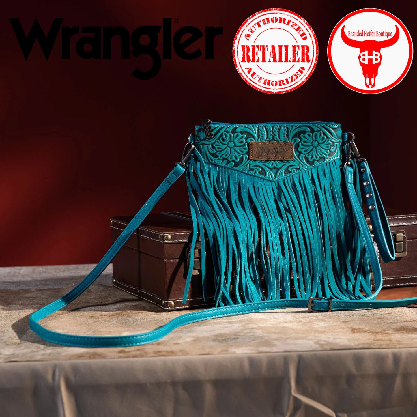 Wrangler Vintage Floral Tooled Collection Fringe Crossbody or Wristlet - Turquoise