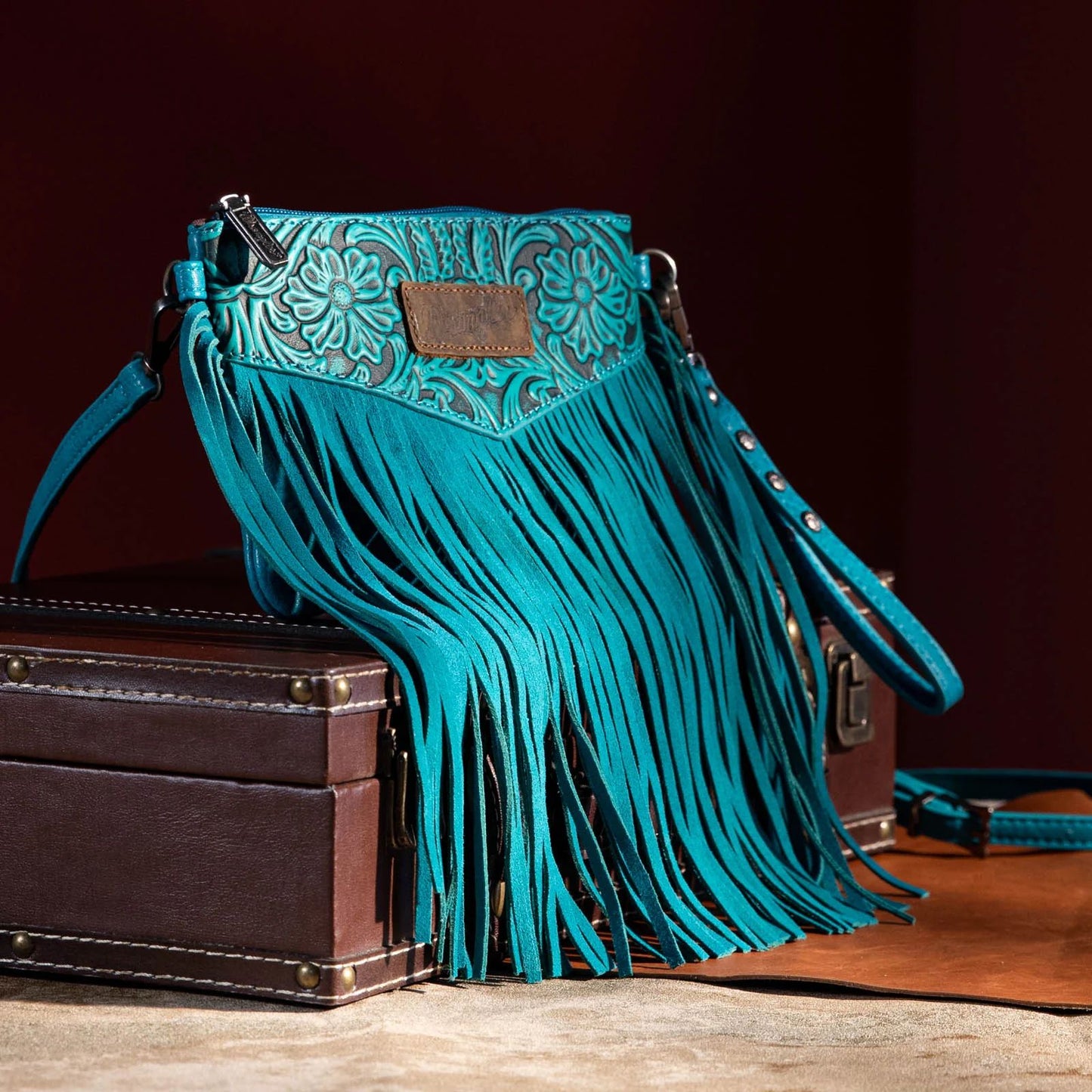 Wrangler Vintage Floral Tooled Collection Fringe Crossbody or Wristlet - Turquoise