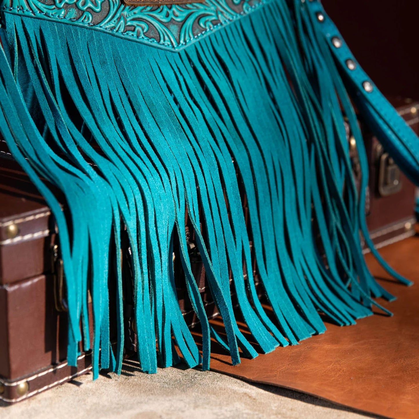 Wrangler Vintage Floral Tooled Collection Fringe Crossbody or Wristlet - Turquoise