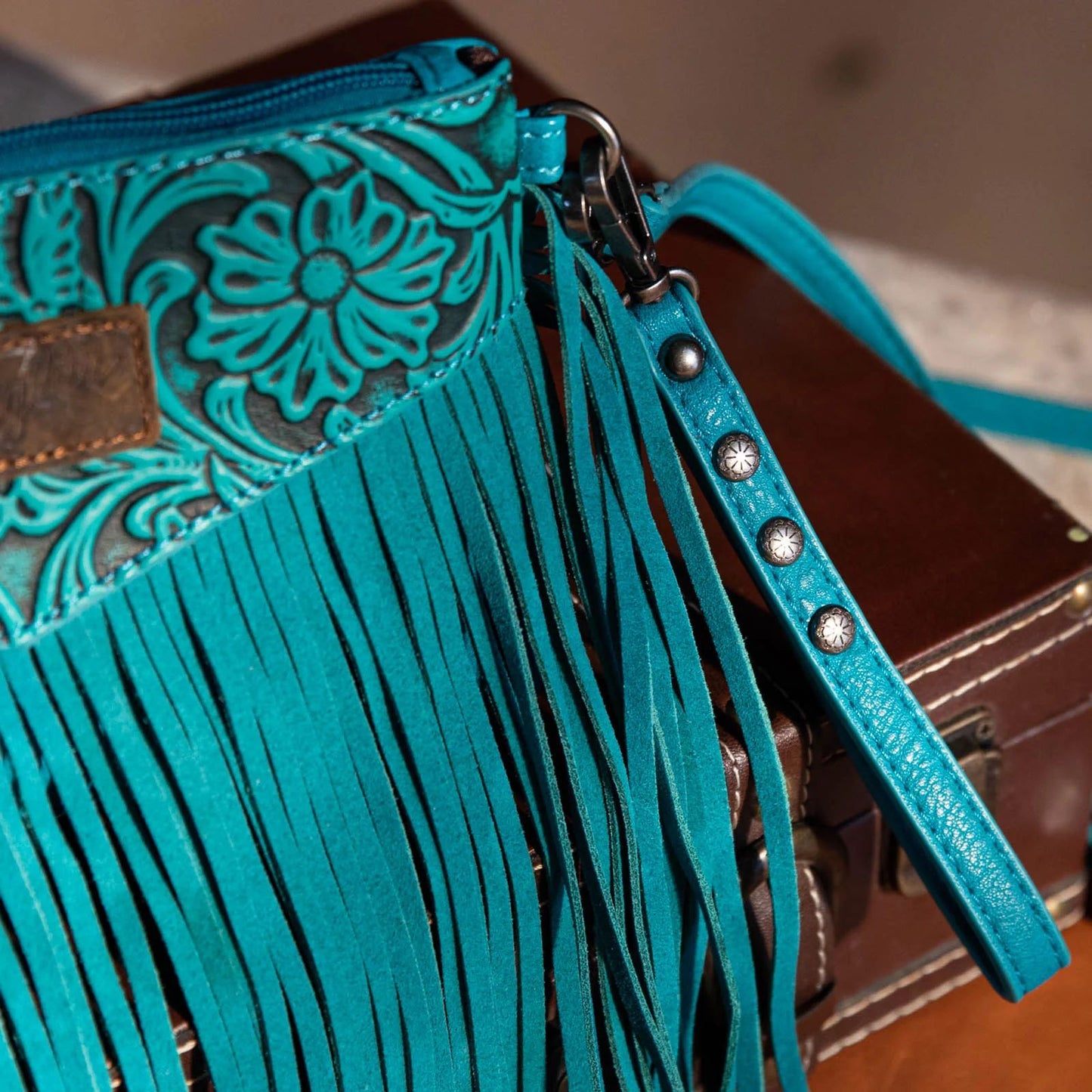 Wrangler Vintage Floral Tooled Collection Fringe Crossbody or Wristlet - Turquoise