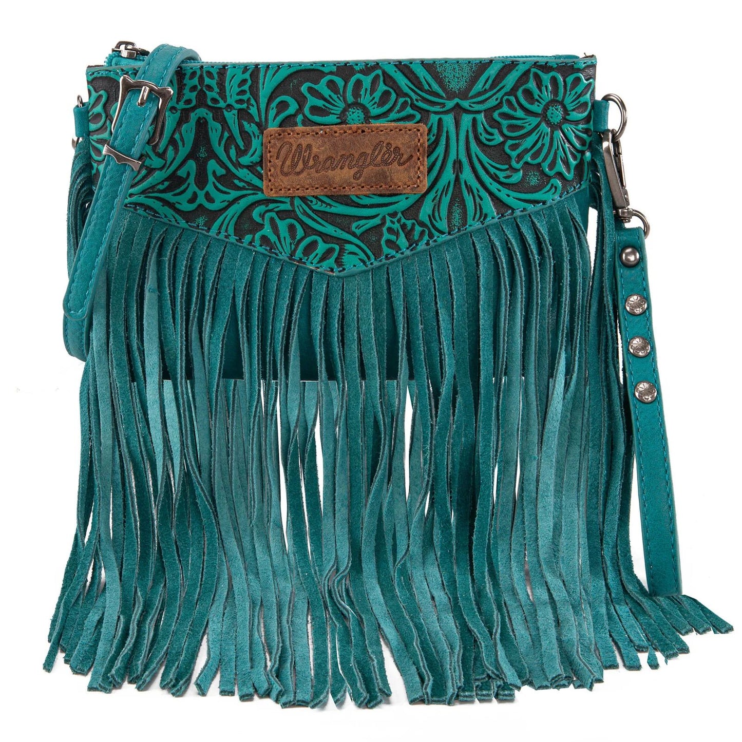 Wrangler Vintage Floral Tooled Collection Fringe Crossbody or Wristlet - Turquoise