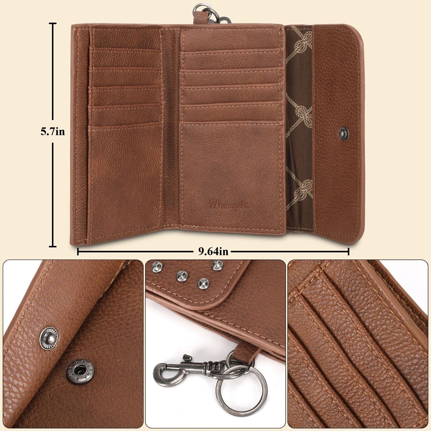 Wrangler Studded Accents Tri-fold Key-Chain Wallet -Brown