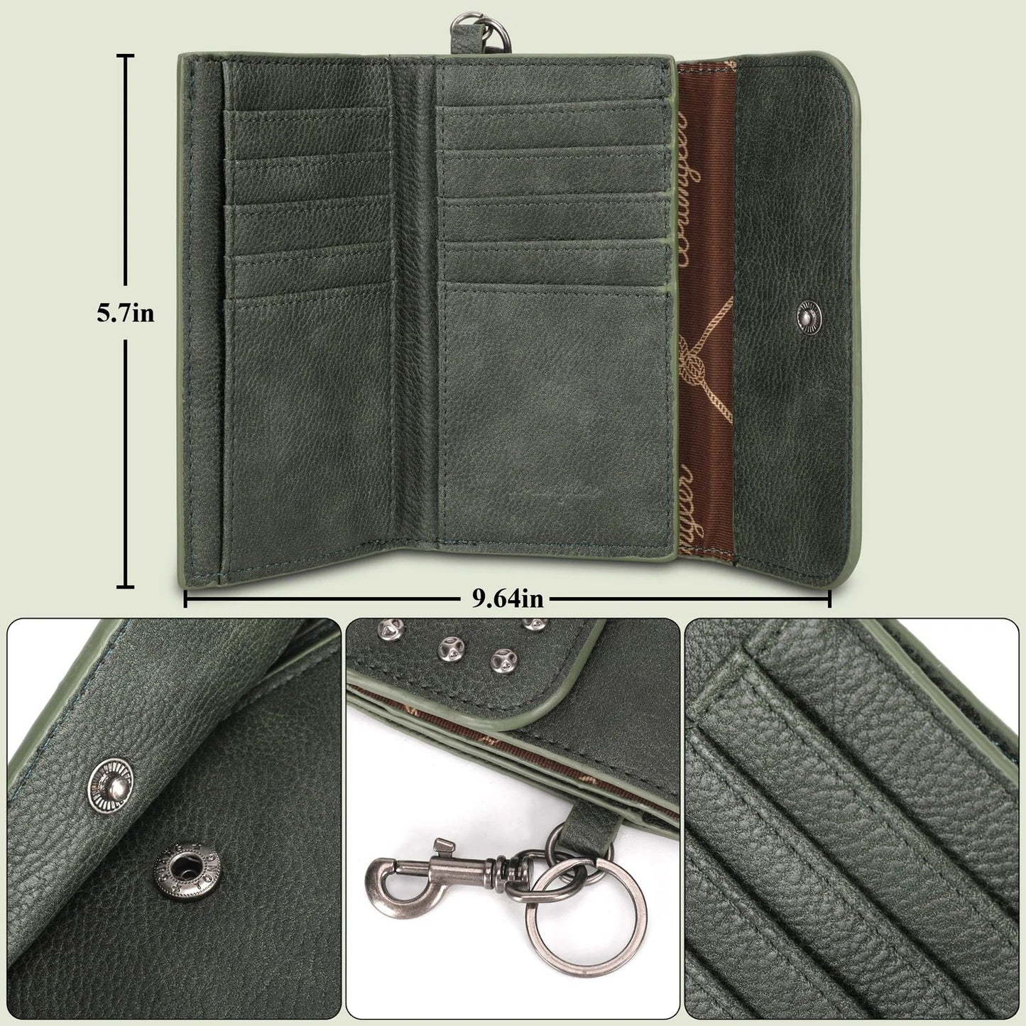 Wrangler Studded Accents Tri-fold Key-Chain Wallet -Green