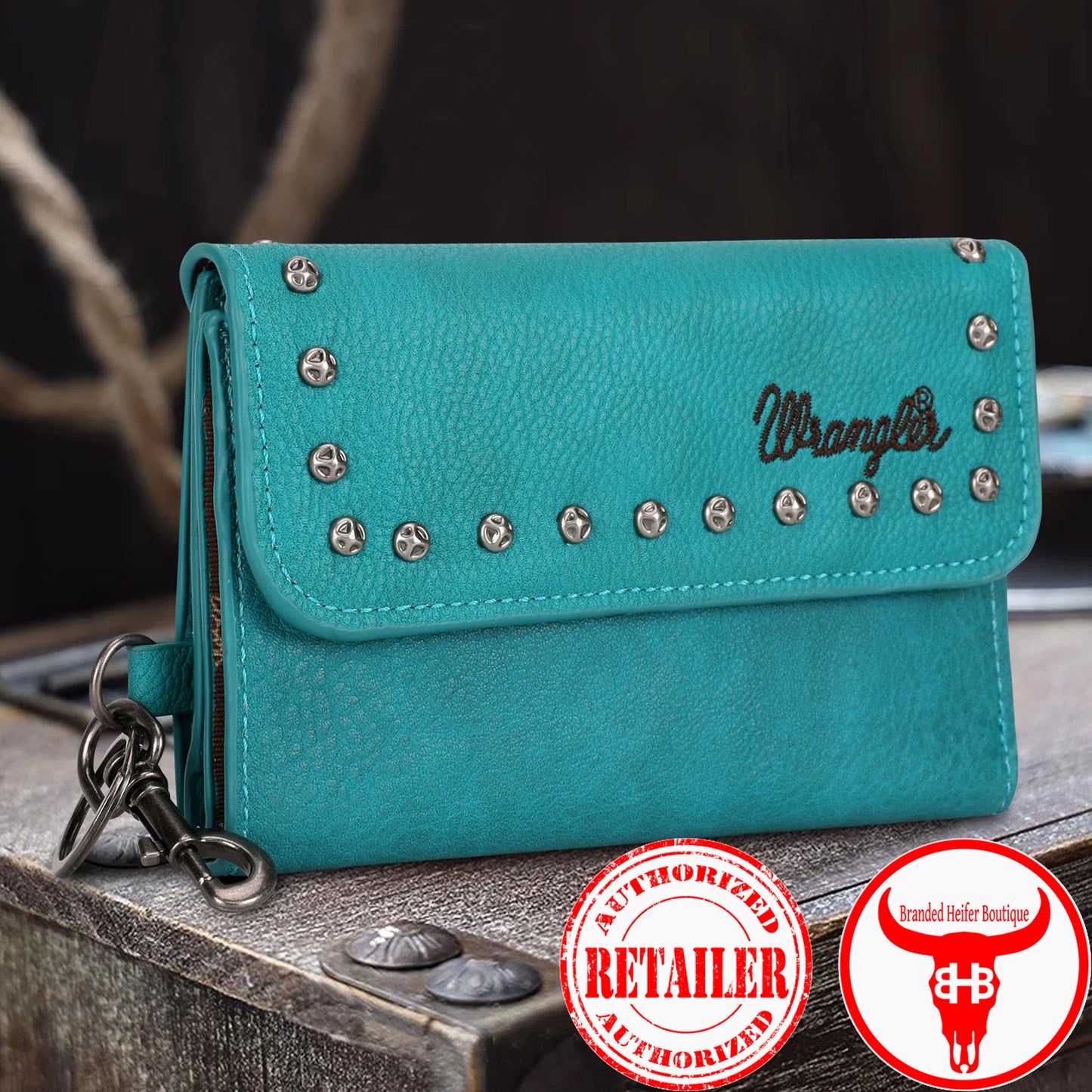 Wrangler Studded Accents Tri-fold Key-Chain Wallet -Turquoise