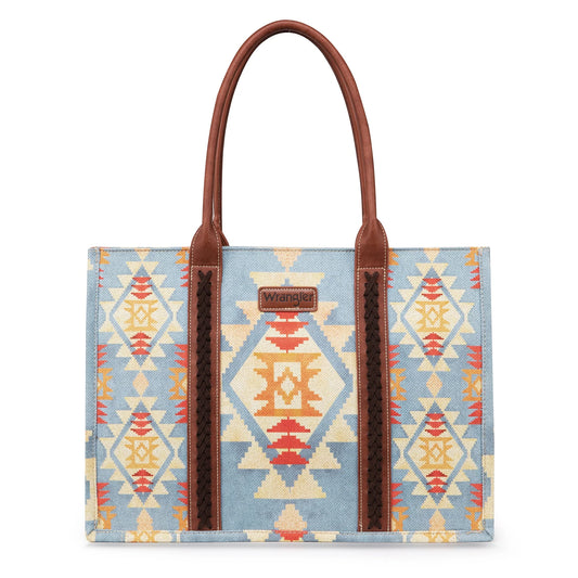 Wrangler Southwestern Pattern Dual Sided Print Canvas Wide Tote - Brown & Blue