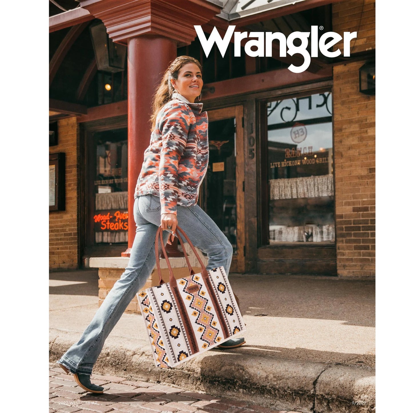 Wrangler Southwestern Pattern Dual Sided Print Canvas Wide Tote - Brown & Blue