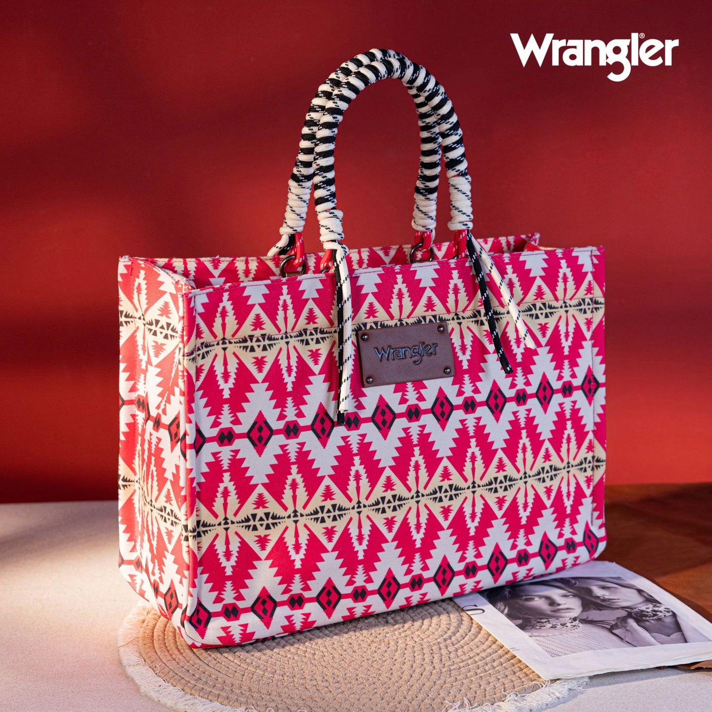 Wrangler Southwestern Print Dual Sided Print Canvas Wide Tote Hot Pink 1