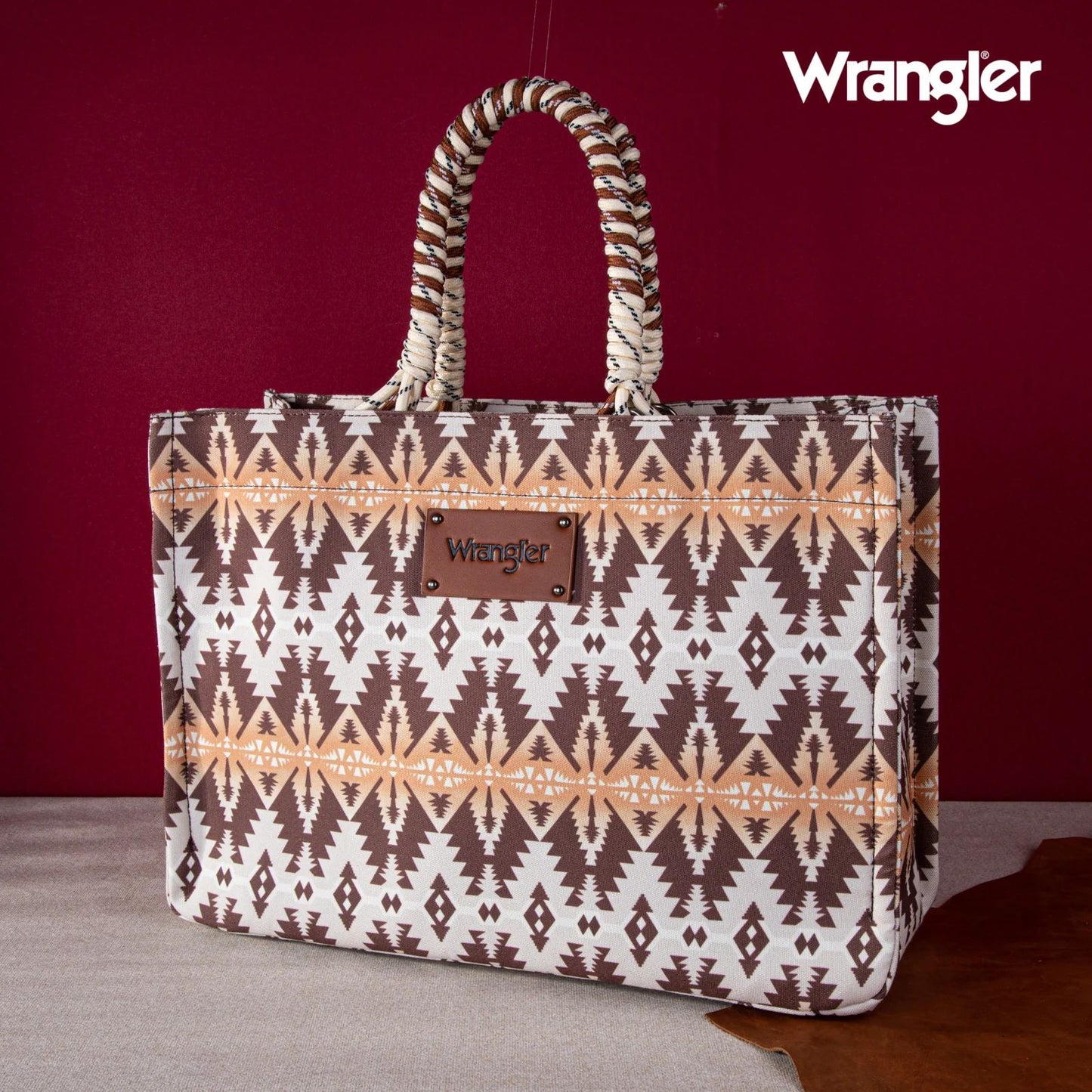 Wrangler Oversized Tote Bag Braided Handles Weekender Bag Khaki