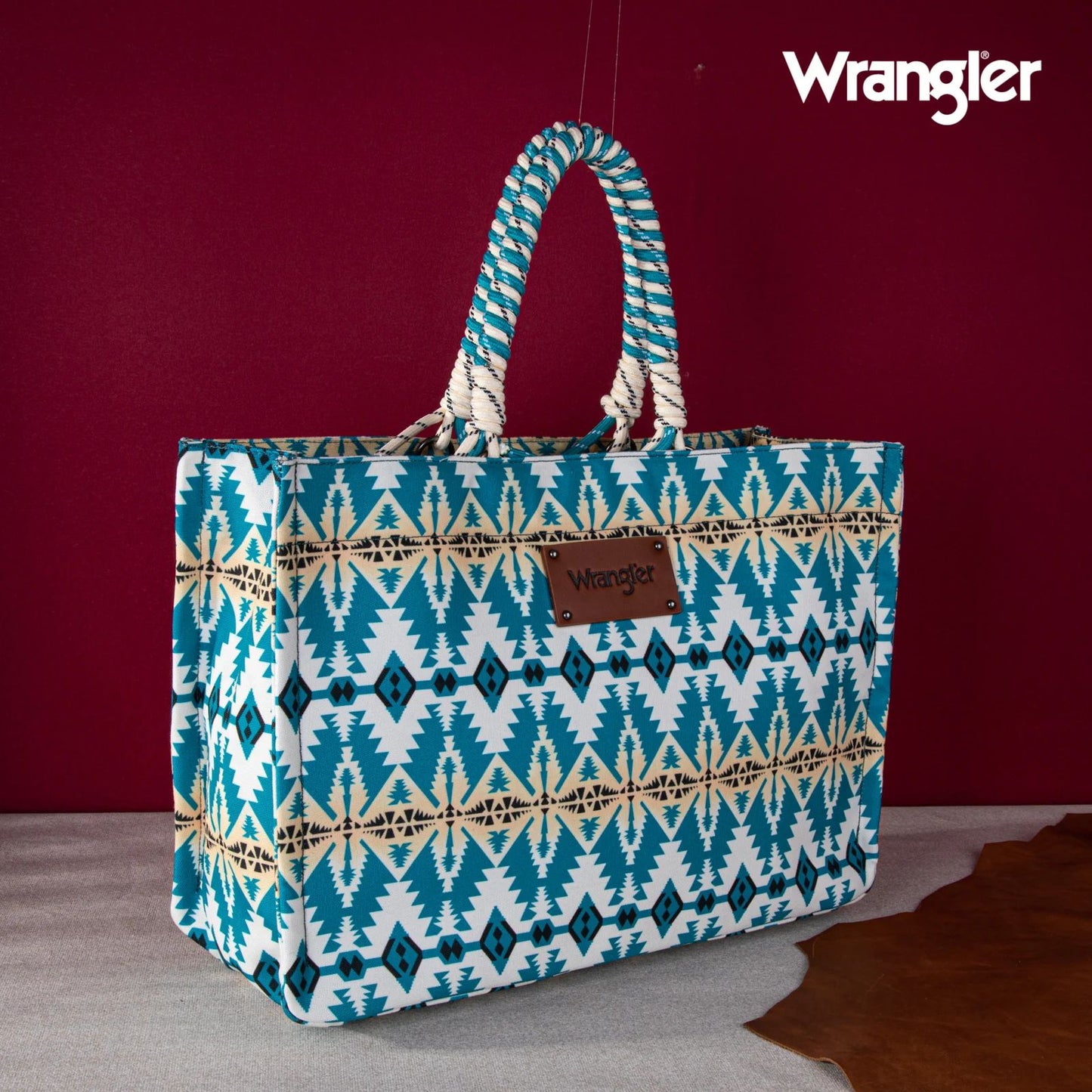 Wrangler Southwestern Print Dual Sided Print Canvas Wide Tote Turquoise