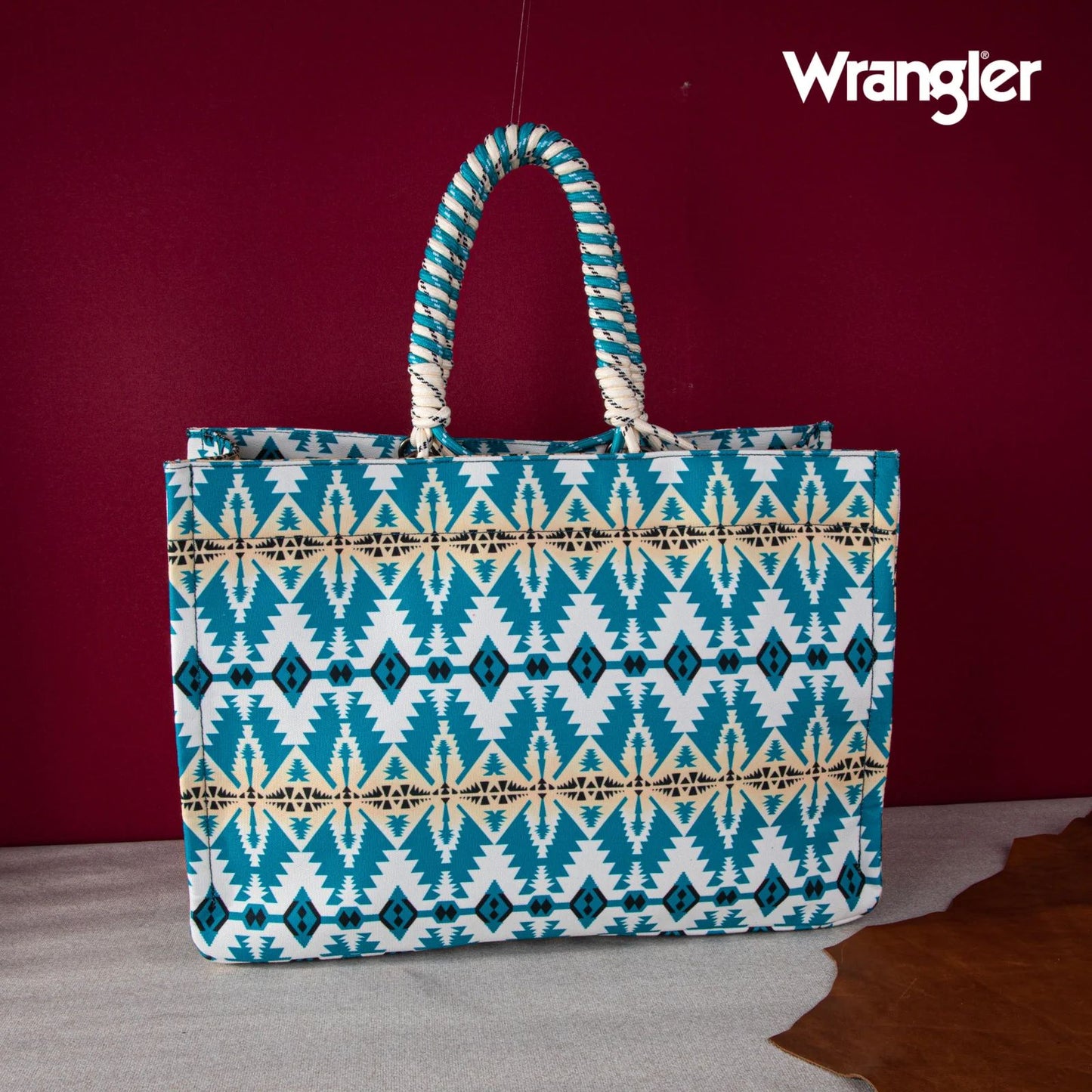 Wrangler Southwestern Print Dual Sided Print Canvas Wide Tote Turquoise