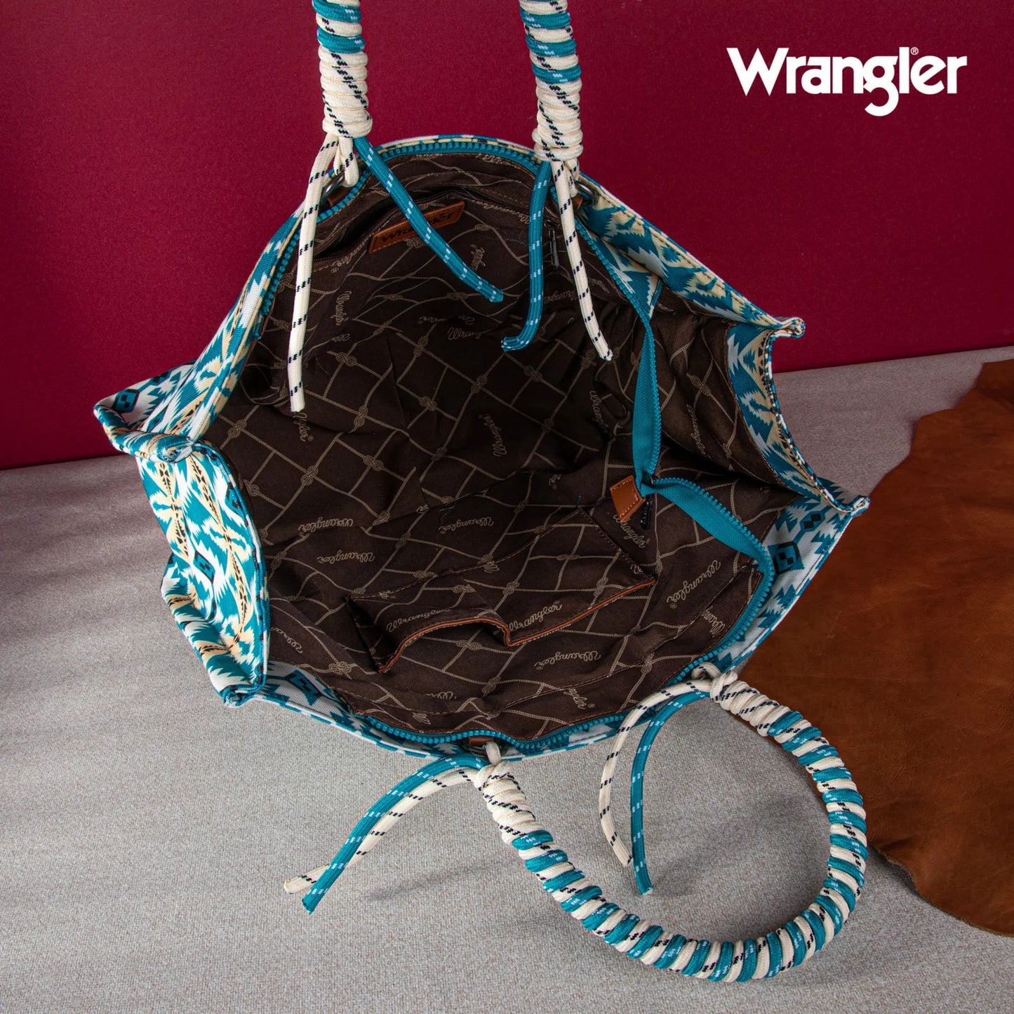 Wrangler Southwestern Print Dual Sided Print Canvas Wide Tote Turquoise