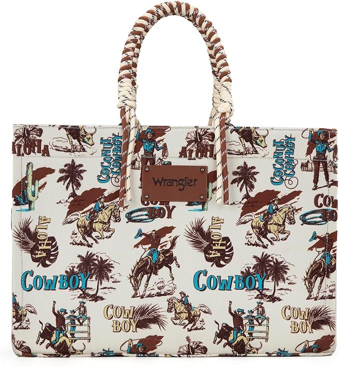 Wrangler Southwestern Print Dual Sided Print Canvas Wide Tote Dark Beige