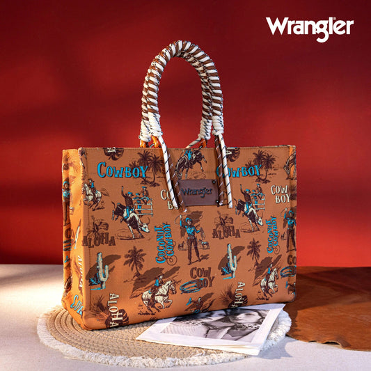 Wrangler COWBOY Dual Sided Print Canvas Wide Tote Dark Brown