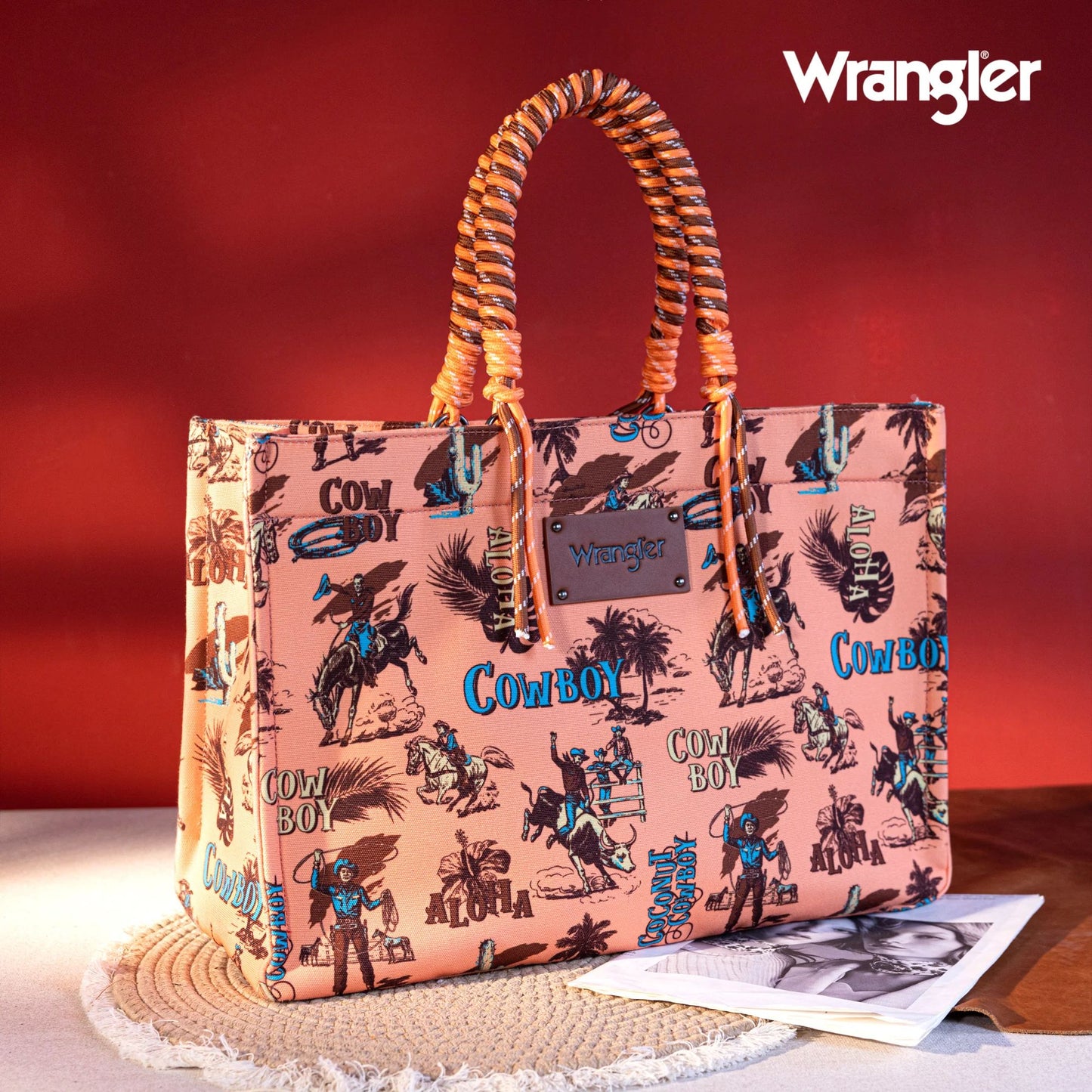 Wrangler COWBOY Dual Sided Print Canvas Wide Tote Dark Orange