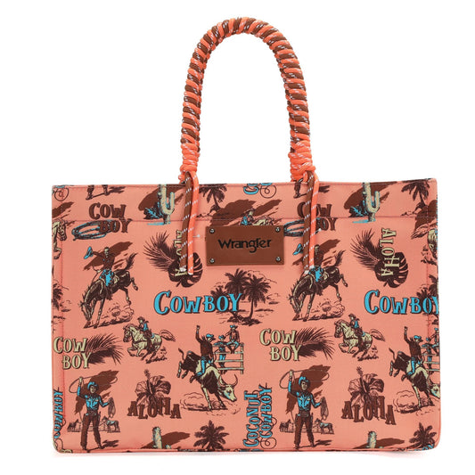 Wrangler COWBOY Dual Sided Print Canvas Wide Tote Dark Orange