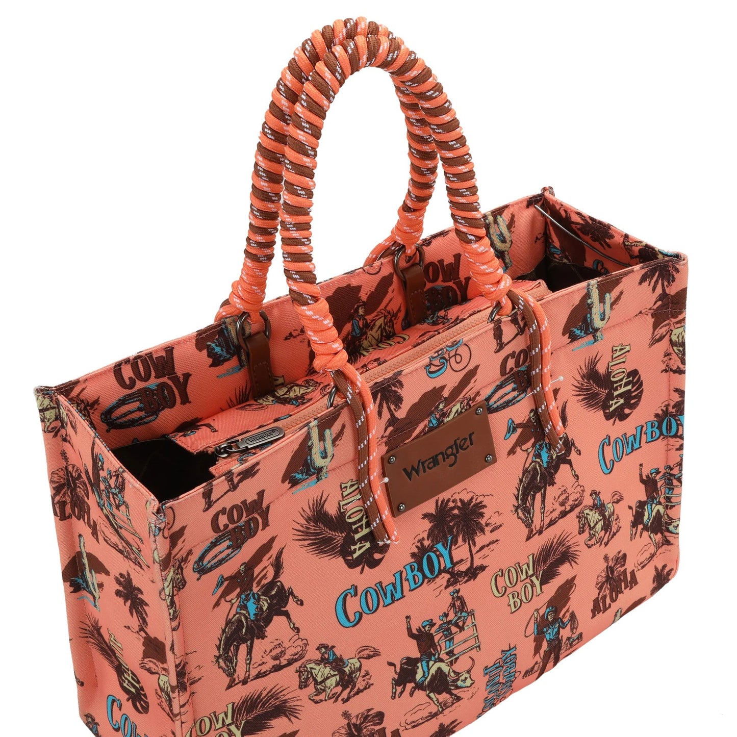 Wrangler COWBOY Dual Sided Print Canvas Wide Tote Dark Orange