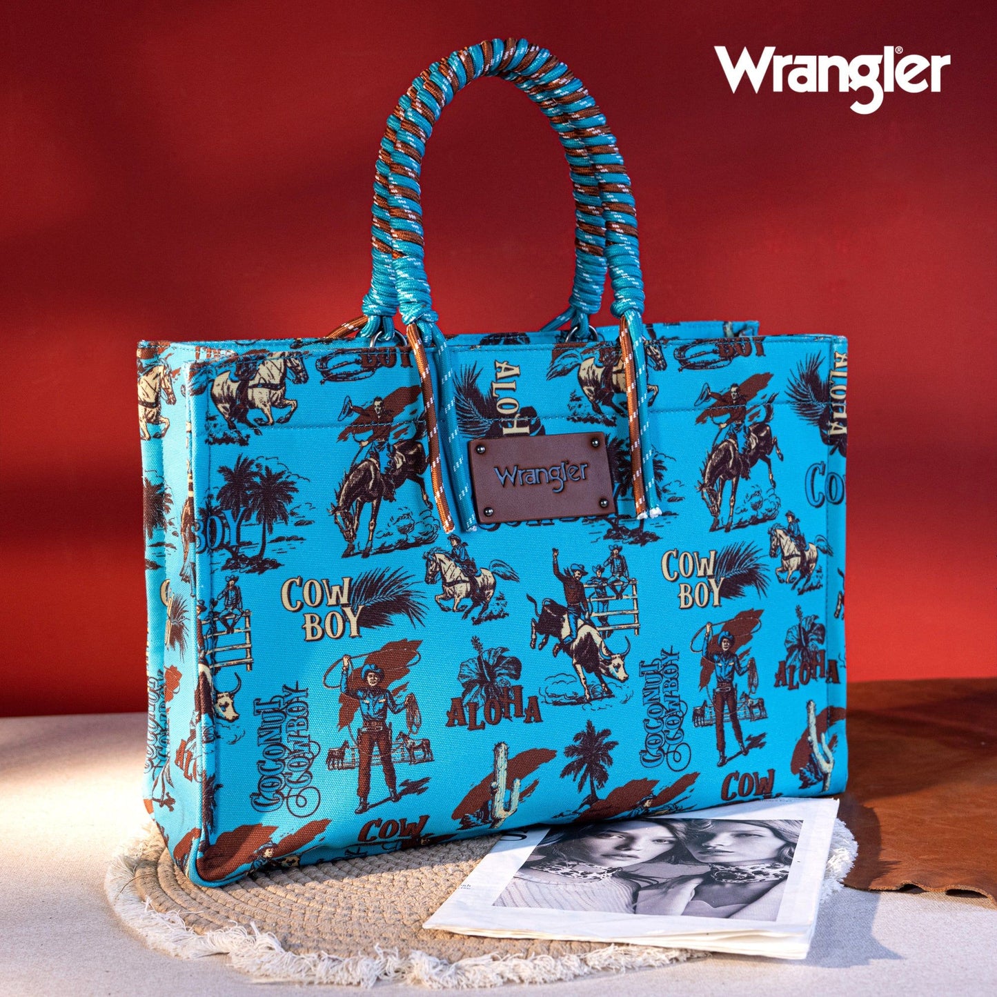 Wrangler COWBOY Dual Sided Print Canvas Wide Tote Dark Turquoise