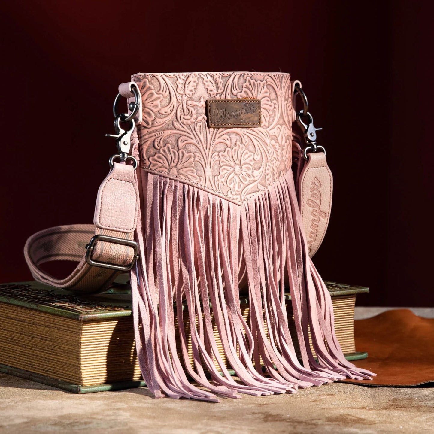 Wrangler Vintage Floral Tooled Collection Fringe Crossbody or Wristlet - Pink