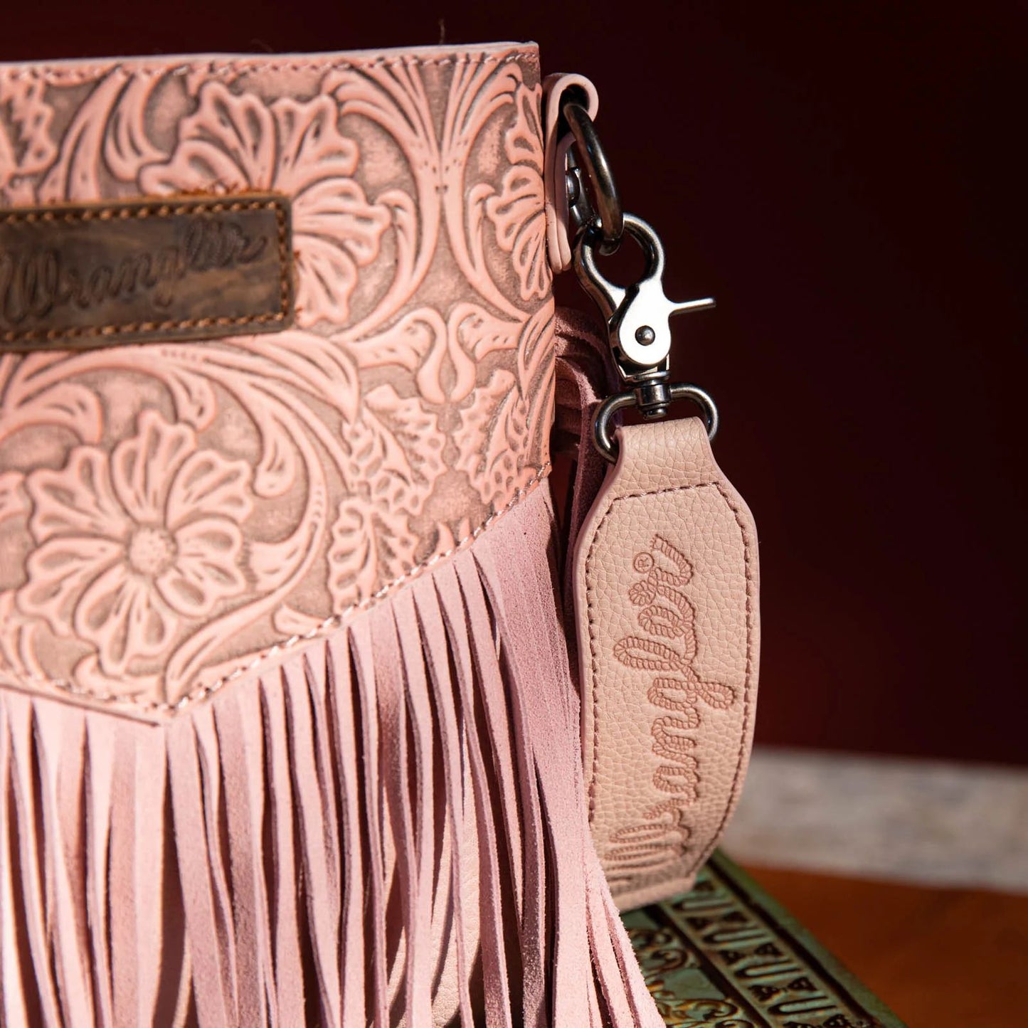 Wrangler Vintage Floral Tooled Collection Fringe Crossbody or Wristlet - Pink